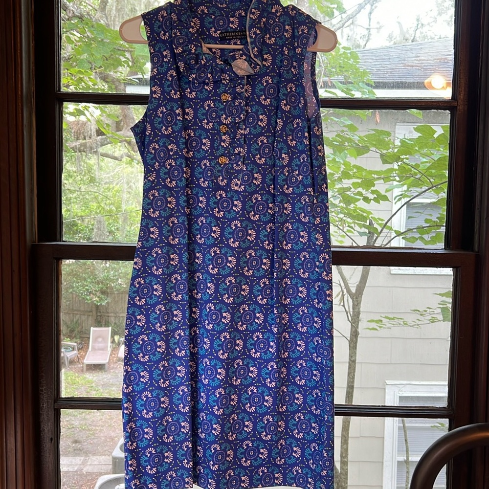 Katherine Way Blue and White Patterned Ruffle Neckline Dress